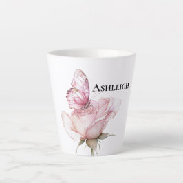 Caneca De Café Latte Borboleta Rosa Bege Rosa