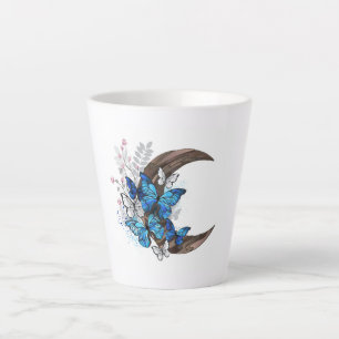 Caneca De Café Latte Borboletas azuis em crescente de madeira