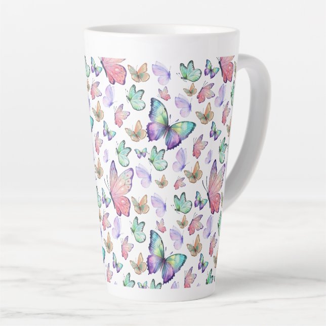 Caneca De Café Latte Borboletas de Aquarela Padrão Invisível (Ângulo direito)