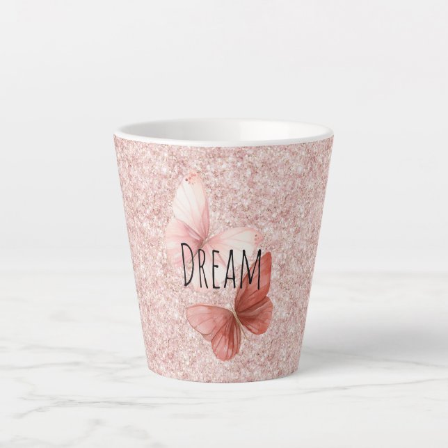 Caneca De Café Latte Borboletas de Brilho Rosa Vermelho (Frente)