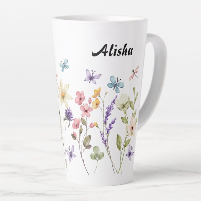 Caneca De Café Latte Borboletas de flores selvagens legíveis (Ângulo direito)