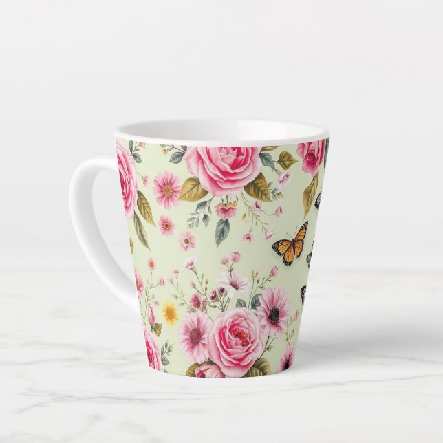Caneca De Café Latte Borboletas E Flores (Ângulo esquerdo)