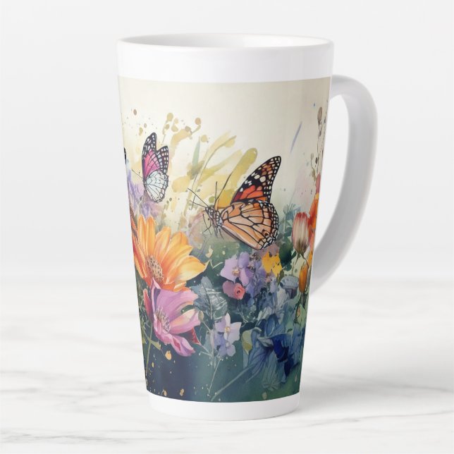 Caneca De Café Latte Borboletas e flores (Ângulo direito)