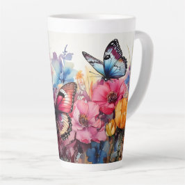 Caneca De Café Latte Borboletas e flores