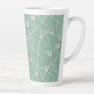 Caneca De Café Latte Borboletas em Verde-Menta em Aquarela