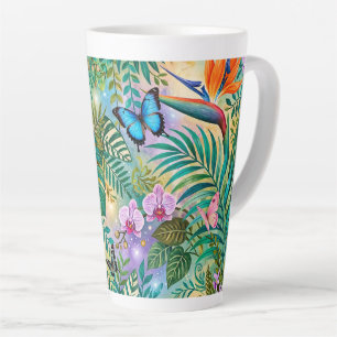 Caneca De Café Latte Borboletas Flores Fantasia da Selva Alegre