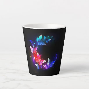 Caneca De Café Latte Borboletas Neon Night brilhantes sobre fundo preto