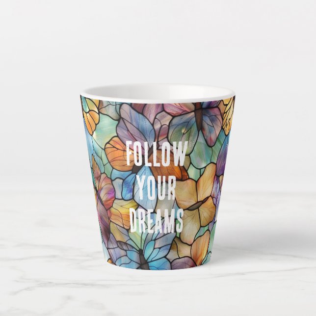 Caneca De Café Latte Borboletas Púrpura Laranja Azul Turquesa (Frente)