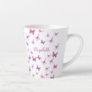 Caneca De Café Latte Borboletas Rosa Bonito Nome Personalizado