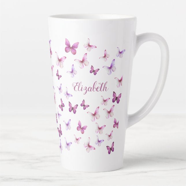 Caneca De Café Latte Borboletas Rosa Bonito Nome Personalizado (Direita)