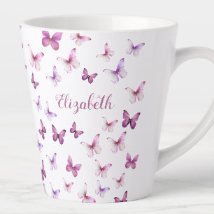 Caneca De Café Latte Borboletas Rosa Bonito Nome Personalizado