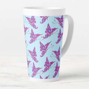 Caneca De Café Latte Borboletas roxas em azul claro, Impressão de borb