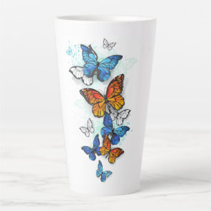 Caneca De Café Latte Borboletas voadoras Morpho e Monarca