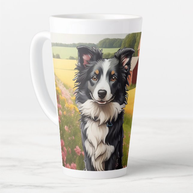 Caneca De Café Latte Borda Collie na Fazenda (Ângulo esquerdo)