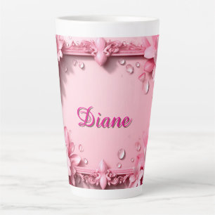 Caneca De Café Latte Borda Floral Rosa Com Nome Personalizado