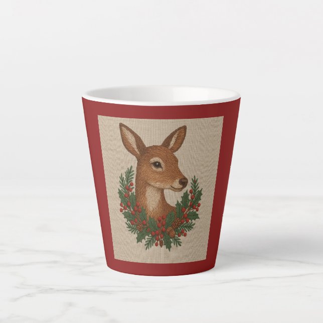 Caneca De Café Latte Bordado russo Deer & Holiday Greens Natal (Frente)