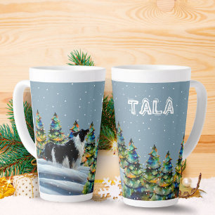 Caneca De Café Latte Border Collie na Floresta de Neve de Inverno Árvor