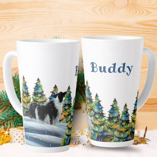 Caneca De Café Latte Border Collie na Floresta de Neve de Inverno Árvor