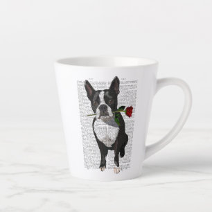 Caneca De Café Latte Boston Terrier com Rosa em Boca