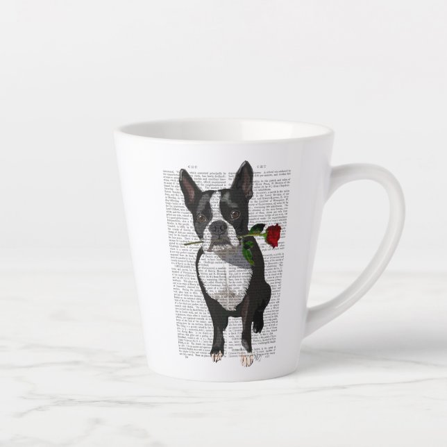 Caneca De Café Latte Boston Terrier com Rosa em Boca (Direita)