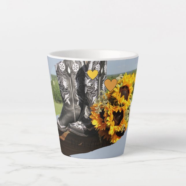 Caneca De Café Latte Botas Ocidentais Girassóis Casamento Rústico (Frente)