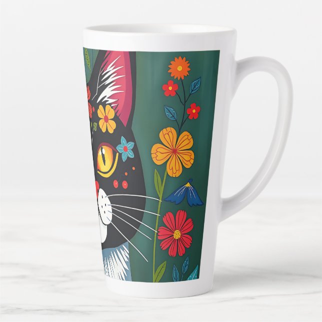 Caneca De Café Latte Branca e Gato de Arte Foliar e Flores (Direita)