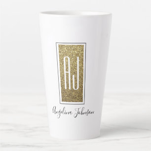 Caneca De Café Latte Brilho Dourado Elegante Monograma Nome