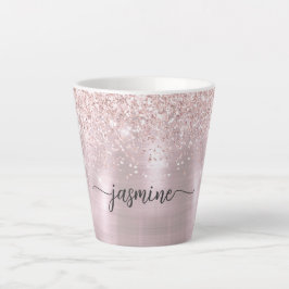 Caneca De Café Latte Brilho Rosa Dourado Rosa Menina Metal Monograma