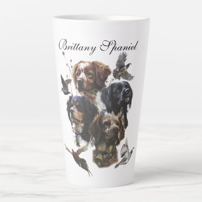 Caneca De Café Latte Brittany Spaniel, Paixão por Aves (Frente)