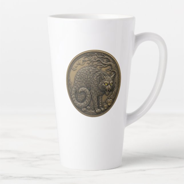 Caneca De Café Latte Bronze de Gato Halloween (Direita)