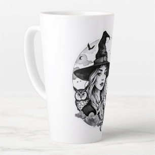 Caneca De Café Latte Bruxa com gato e coruja - Fã de Halloween 1