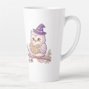 Caneca De Café Latte Bruxa Coruja Fofa Lendo Livro de Feitiços Ilustraç