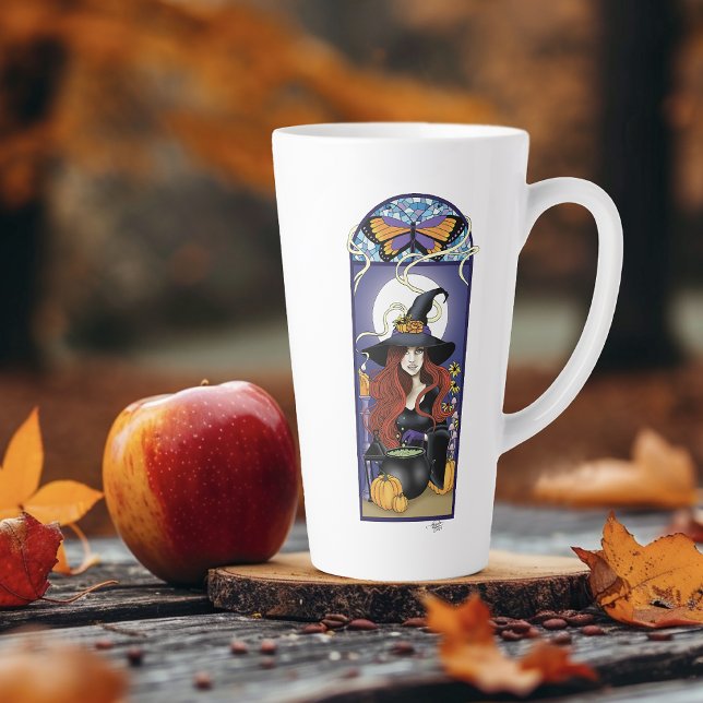 Caneca De Café Latte Bruxa de Outono Art Nouveau Abóboras Lua Roxa (Criador carregado)