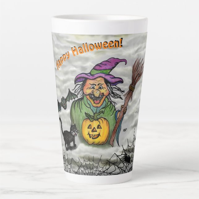 Caneca De Café Latte Bruxa, Gato, Bat e Pumpkin, Feliz Halloween! (Frente)