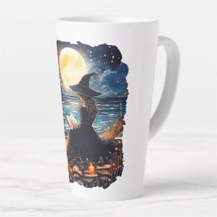 Caneca De Café Latte Bruxa lendo um Livro - Wicca Halloween 1