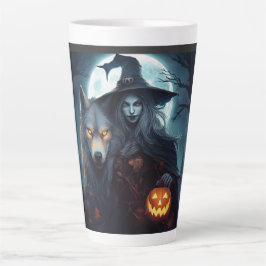 Caneca De Café Latte Bruxa Seu Lobo E Uma Lanterna Com Uma Lua