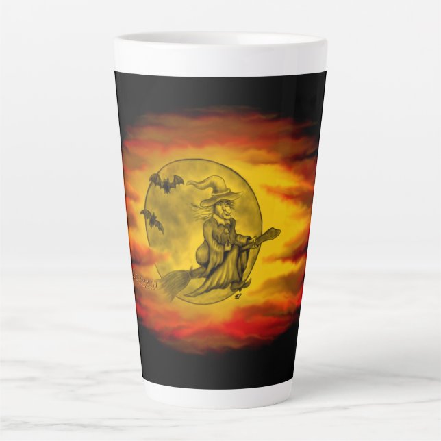 Caneca De Café Latte bruxa voadora com gato preto, noite de halloween (Frente)