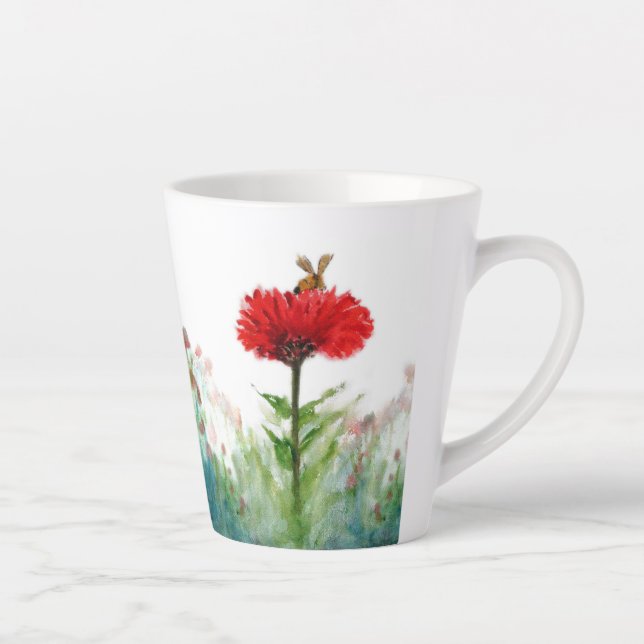 Caneca De Café Latte Bumble Bee em Red Zinnia Pequena Caneca Latte (Direita)