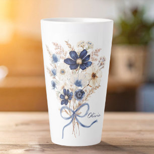 Caneca De Café Latte Buquê de Flores Azul Marinho Aquarela Personalizad