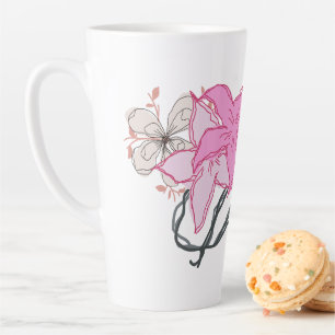 Caneca De Café Latte Buquê de Flores Desenhadas Rosa