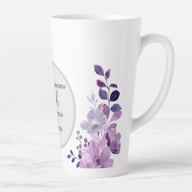 Caneca De Café Latte Buquê de flores roxas aquarela (Direita)