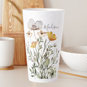 Caneca De Café Latte Buquê de Flores Silvestres Secas com Caligrafia de