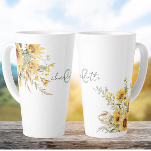 Caneca De Café Latte Buquê de Girassol em Aquarela com Monograma Elegan