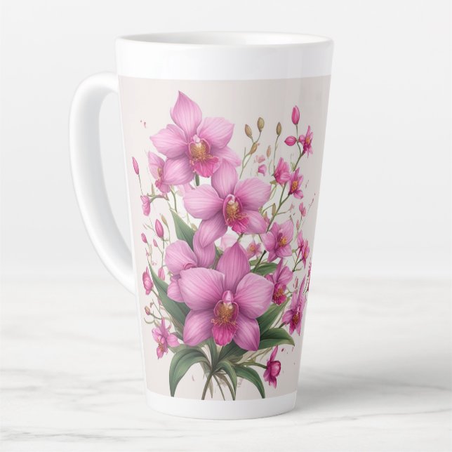 Caneca De Café Latte Buquê de Orquídea Rosa com Flores Delicadas (Ângulo esquerdo)