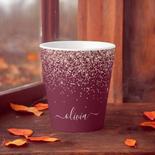 Caneca De Café Latte Burgundy Rosa Dourado Blush Rosa Brilho Monograma