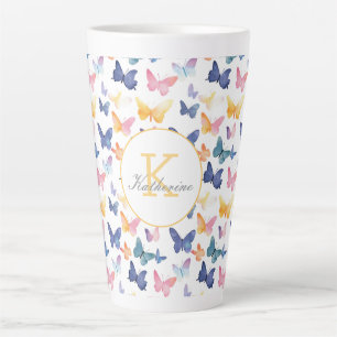 Caneca De Café Latte Butterfly Watercolor Padrão Colorido Nome Personal