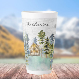 Caneca De Café Latte Cabana da Montanha Floresta Rústica Aquarela Monog