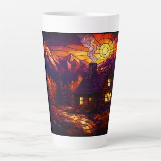Caneca De Café Latte Cabana na Floresta Vibrante de Outono em Arte de V