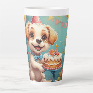 Caneca De Café Latte Cachorro Alegre Celebrando um Aniversário Festivo