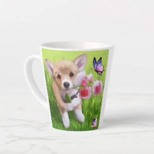 Caneca De Café Latte Cachorro bonito com flores de rosa